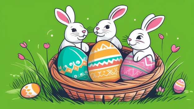 Los conejos están sentados en una canasta con huevos de Pascua en un césped verde
