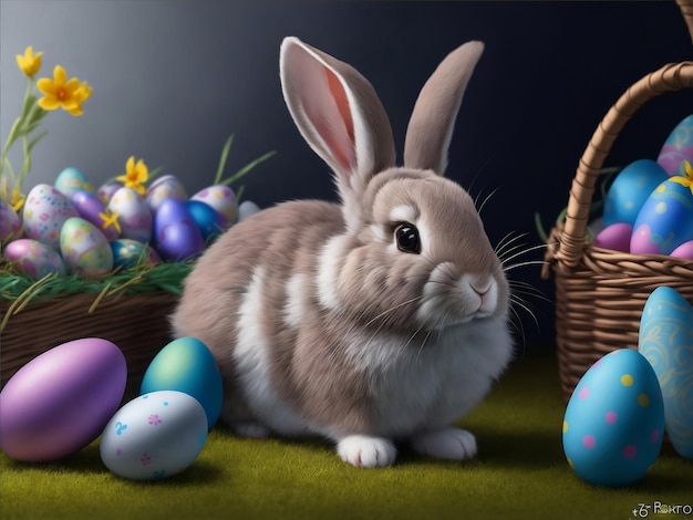 Conejos felices con huevos de Pascua Ilustración de IA generativa