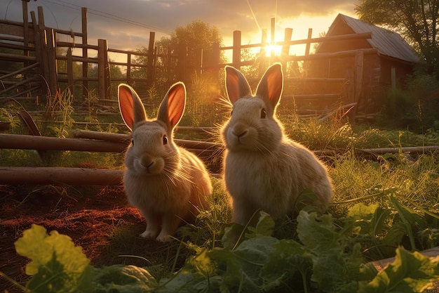 Conejos en una granja y sol.