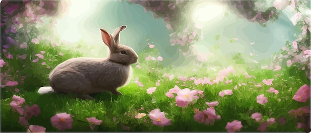 Conejos Hermoso vector de diseño de arte de lindos conejitos de pascua en un prado floreciente Flores de primavera y verde