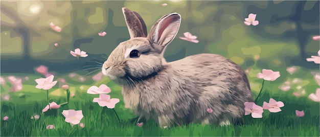 Conejos Hermoso vector de diseño de arte de lindos conejitos de pascua en un prado floreciente Flores de primavera y verde