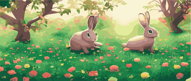 Conejos Hermoso vector de diseño de arte de lindos conejitos de pascua en un prado floreciente Flores de primavera y verde