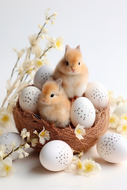 Conejos y huevos de Pascua en un fondo blanco Feriado de IA generativa