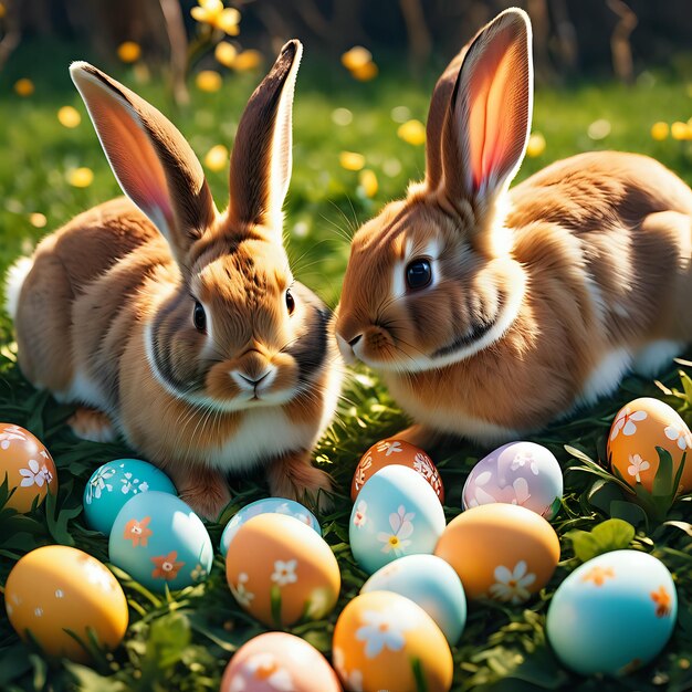 Conejos lindos con huevos de Pascua y la naturaleza