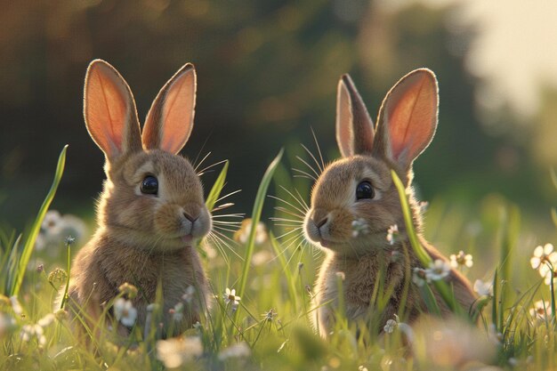 Foto conejos lindos saltando por un prado