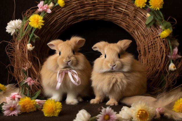 Foto los conejos lindos tienen huevos de pascua, pollos, zanahorias y varias plantas de primavera en sus patas.