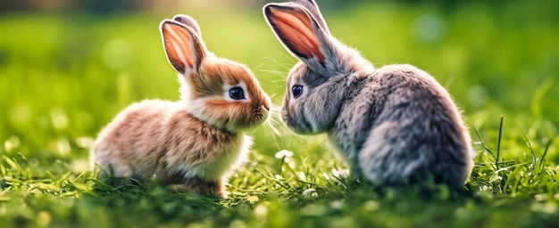 Conejos de Pascua en césped verde conejos decorativos domésticos al aire libre pancarta de conejos de Pascua con concepto de espacio de copia para las vacaciones de primavera