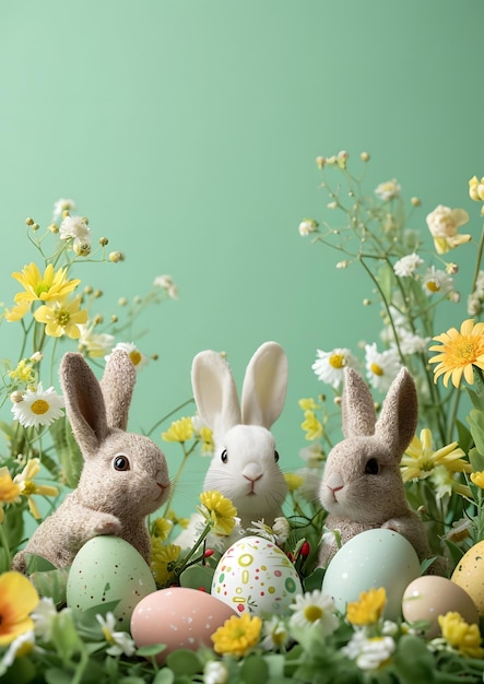 Conejos sentados juntos sosteniendo huevos de Pascua en un campo de flores IA generativa