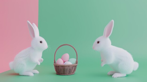 Conejos tridimensionales con huevos saltando sobre un fondo rosa y verde