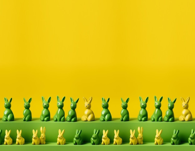 conejos verdes escultura minimalista brillante sobre fondo amarillo patrón sin costuras