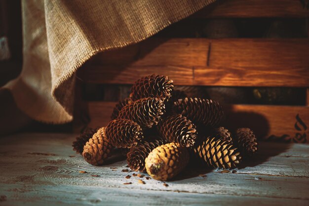 Cones de abeto em um fundo de madeira