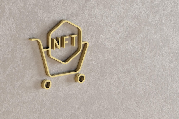 Ícones de carrinho de compras NFT Belos ícones de símbolo NFT dourados no fundo da parede ilustração de renderização 3D