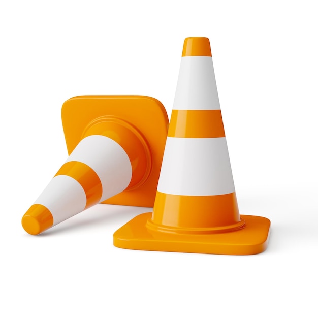 Foto cones de construção de tráfego rodoviário laranja com listras brancas isoladas em branco