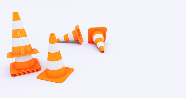 Cones de construção de tráfego rodoviário laranja isolados no fundo branco renderização 3d