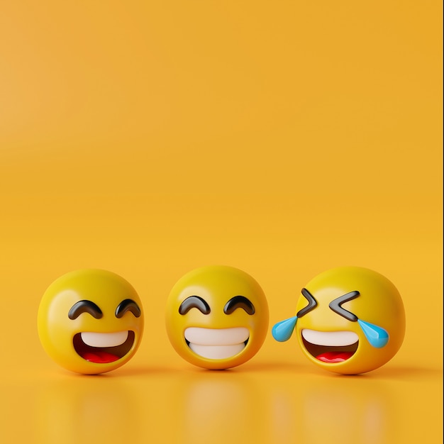 Ícones de emoji felizes em ilustração 3d de fundo amarelo