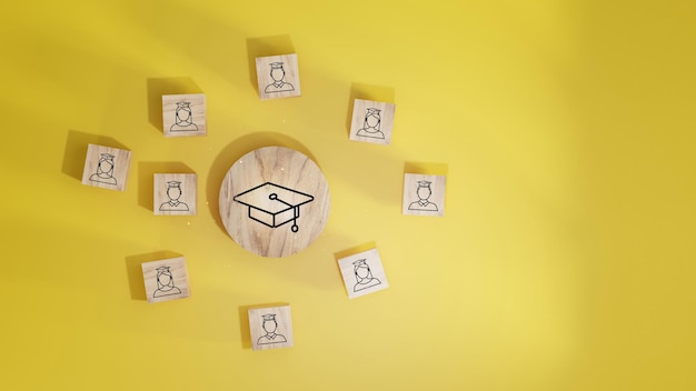 Ícones de estudantes do sexo masculino e feminino em blocos de madeira Conceito de educação para o sucesso