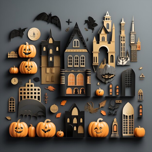 Ícones de fundo do Halloween de morcegos e velas de abóboras assombradas