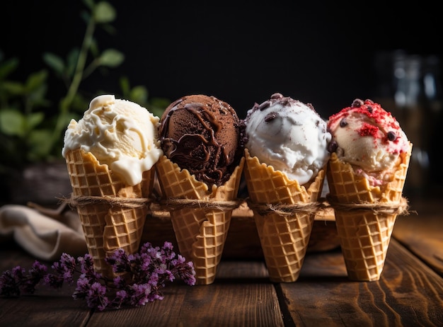 Cones de gelado com sabores mistos