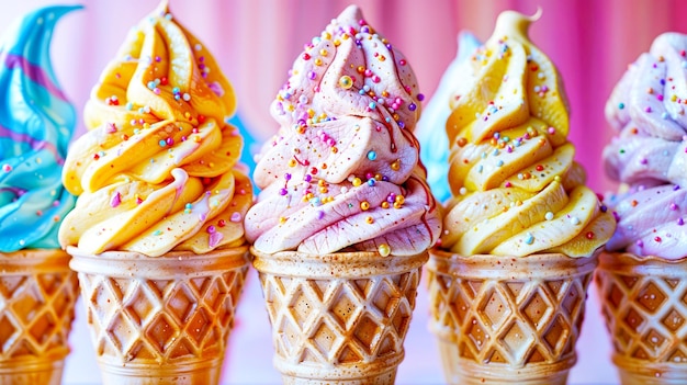 Foto cones de gelado em forma de espiral pastel
