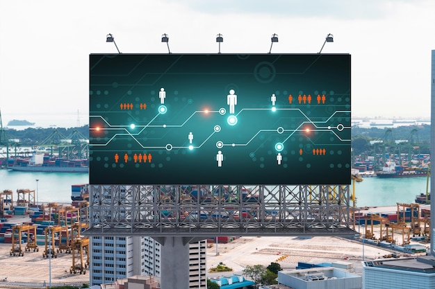 Ícones de mídia social brilhantes em outdoor de estrada sobre vista panorâmica da cidade de Cingapura, sudeste da Ásia O conceito de networking e estabelecimento de novas conexões entre pessoas e empresas