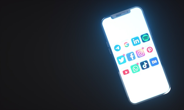 Ícones de mídia social e logotipos na tela do telefone celular com espaço de cópia para o texto