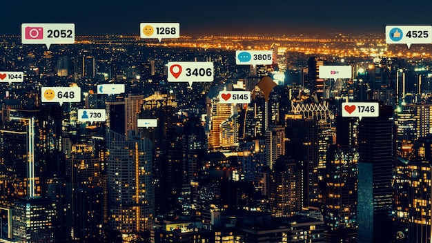 Ícones de mídia social sobrevoam o centro da cidade mostrando a conexão de engajamento das pessoas