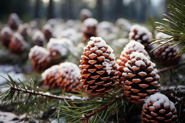 Cones de pinheiro cobertos de neve