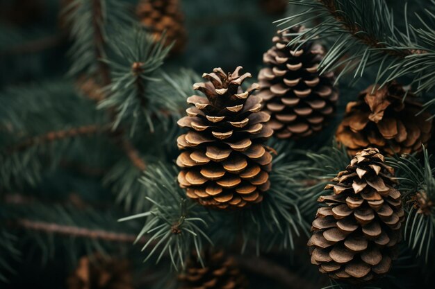 cones de pinheiro em um ramo castanho escuro e castanho claro