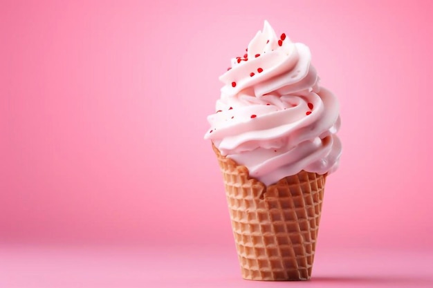 Cones de sorvete de baunilha e sabores de morango em um fundo rosa Espaço de cópia