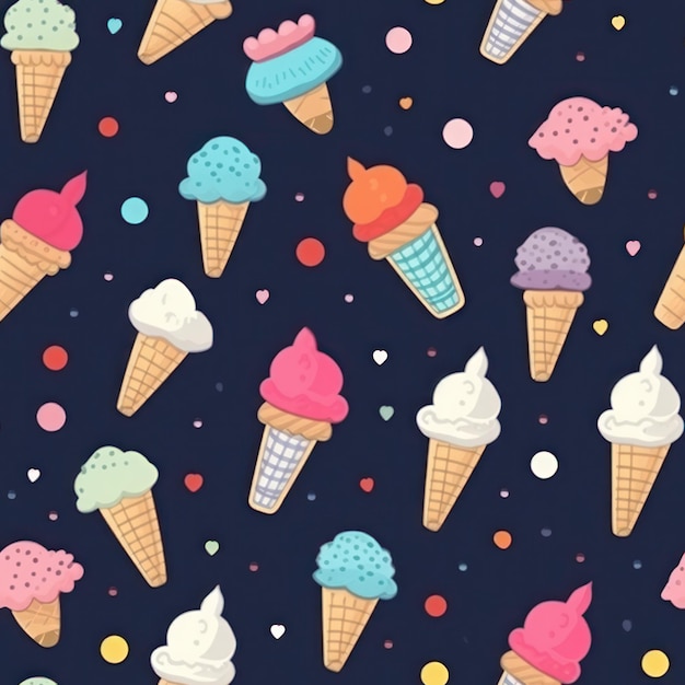 Cones de sorvete de sabor diferente de cor pastel padrão sem costura de fundo azul