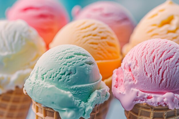 Cones de sorvete variados com sabores vibrantes contra um fundo azul pastel