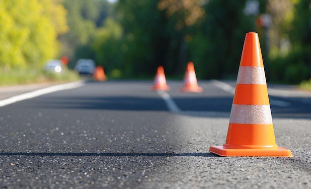 Cones de tráfego na estrada de asfalto no verão Conceito de marcação de cones de construção