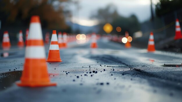 Foto cones de trânsito e barreiras marcam a estrada recém-asfaltada à medida que termina seu período de cura