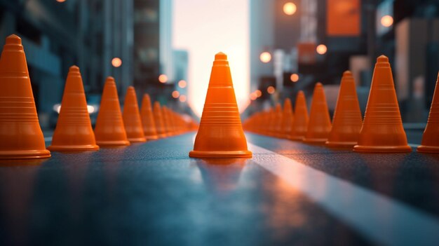 Cones de trânsito em fila numa rua movimentada com