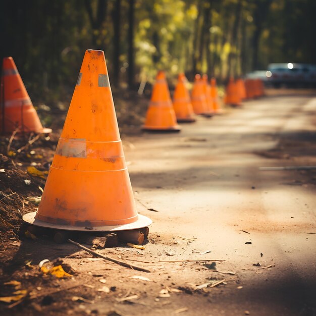 Cones de trânsito na rua à noite