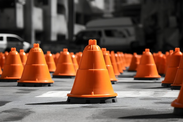 Cones de trânsito na rua à noite