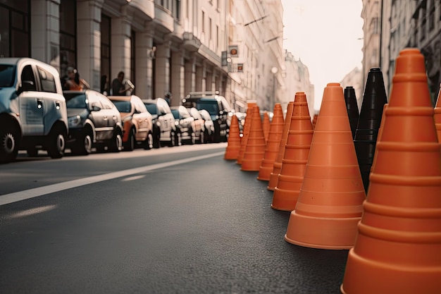 Cones de trânsito seguidos em uma rua movimentada mostrando aos motoristas onde parar