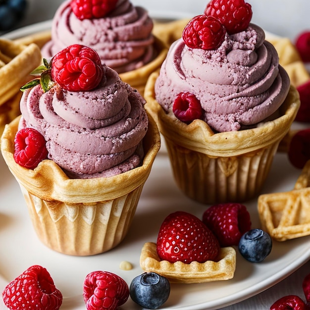 Cones de waffle de gelado de bagas e bagas frescas