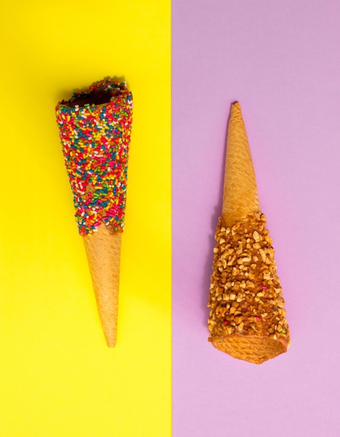 Cones de waffle de sorvete com granulado e avelã Fundo roxo e amarelo Flat lay Ideia de verão