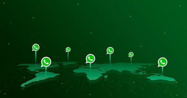 Ícones do logotipo do Whatsapp em todos os continentes do mapa mundial 3d