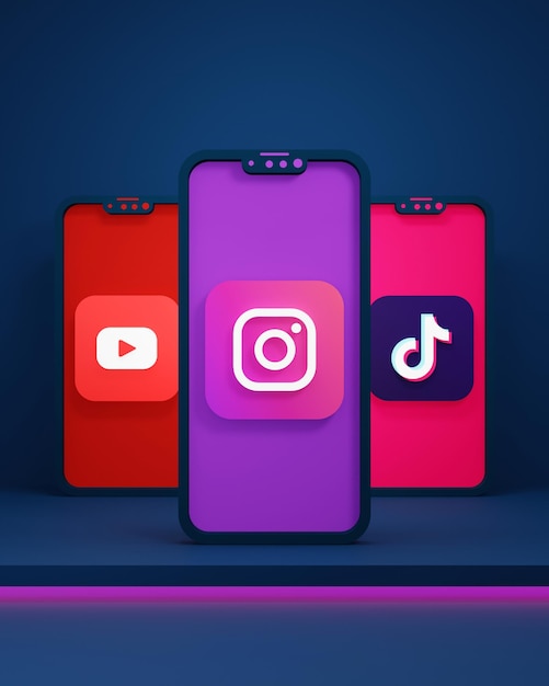 Ícones do Tiktok do YouTube de mídia social com smartphone 3D renderizado