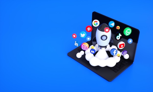 Ícones e logotipos de mídia social com foguete espacial 3d para fundo de marketing de mídia digital e social