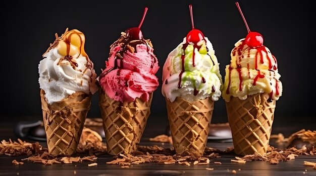 Foto cones de gofres cerca de la cuchara con helado