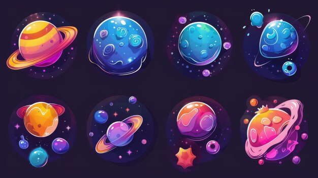 Ícones modernos de desenhos animados de magia mundo fantástico objetos cósmicos com bolhas buracos e espirais planetas alienígenas bonitos e luas coleção