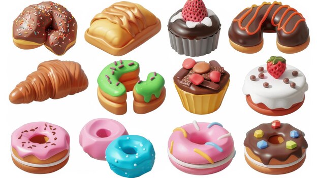 Ícones para comida doce em renderização 3D bolo donut croissant cupcake sorvete chocolate