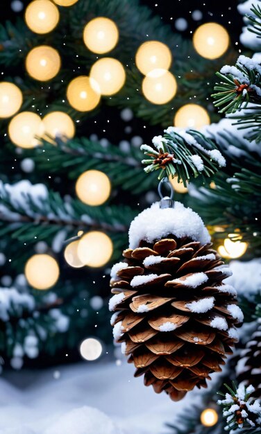 Cones de pino y luces de Navidad en un árbol nevado por la noche