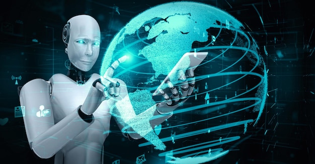 Conexão com a Internet controlada por huminoide robô de IA e processo de aprendizado de máquina