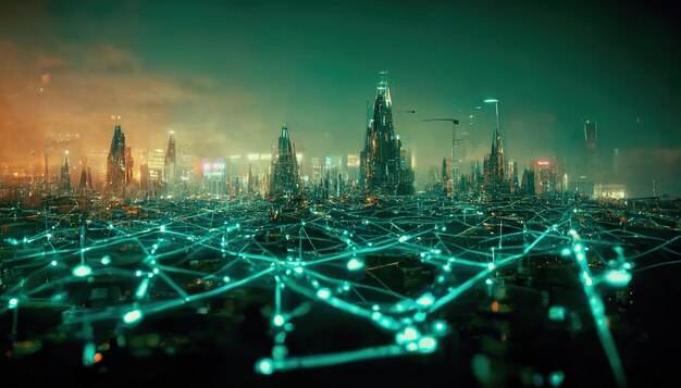 Conexão com a Internet em espetacular cidade futurista Ilustração 3D de arte digital