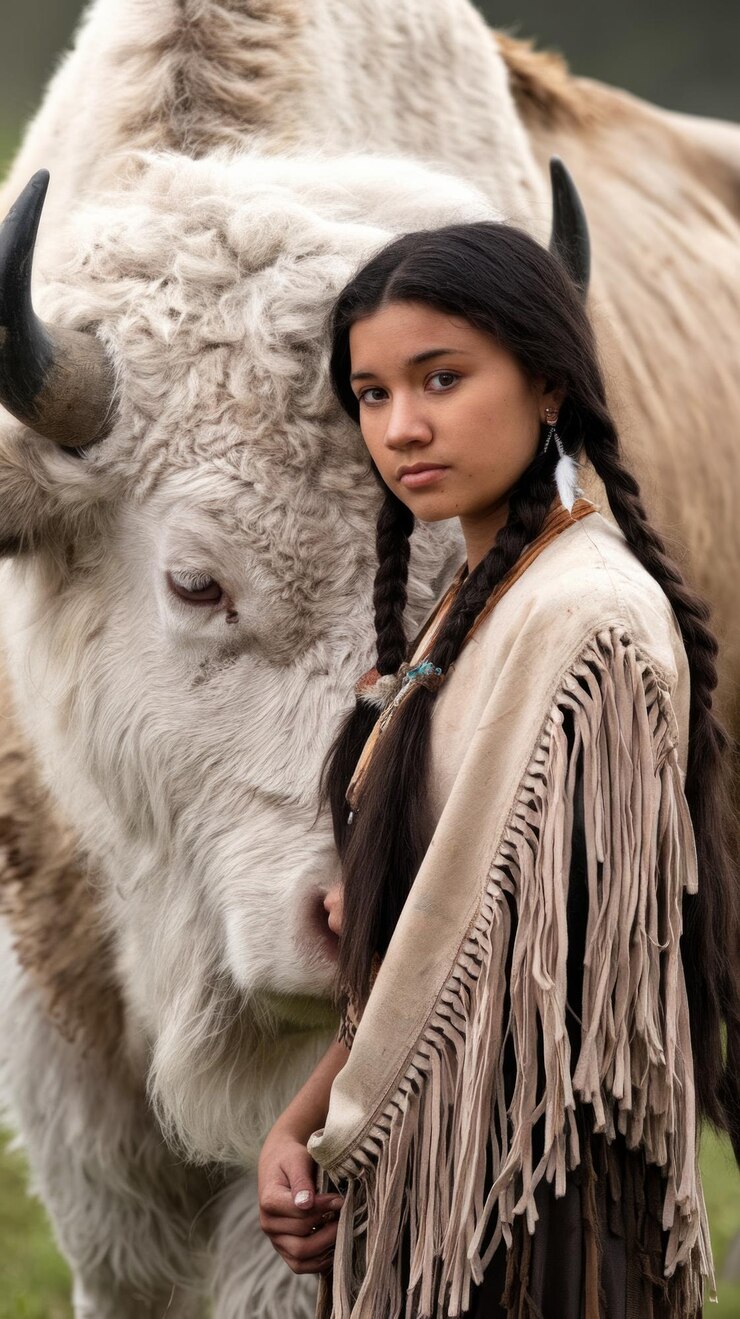 Foto conexão de alma mulher jovem e bisonte branco em harmonia