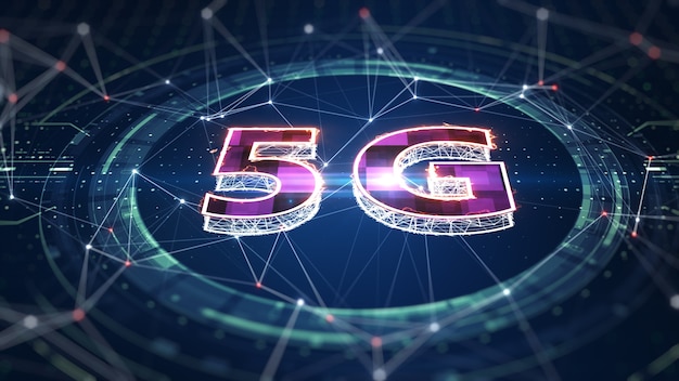 Conexão de internet sem fio de rede 5g wi-fi. conectividade 5g de dados digitais e informações futurísticas. internet de alta velocidade abstrata de coisas iot big data cloud computing. renderização 3d